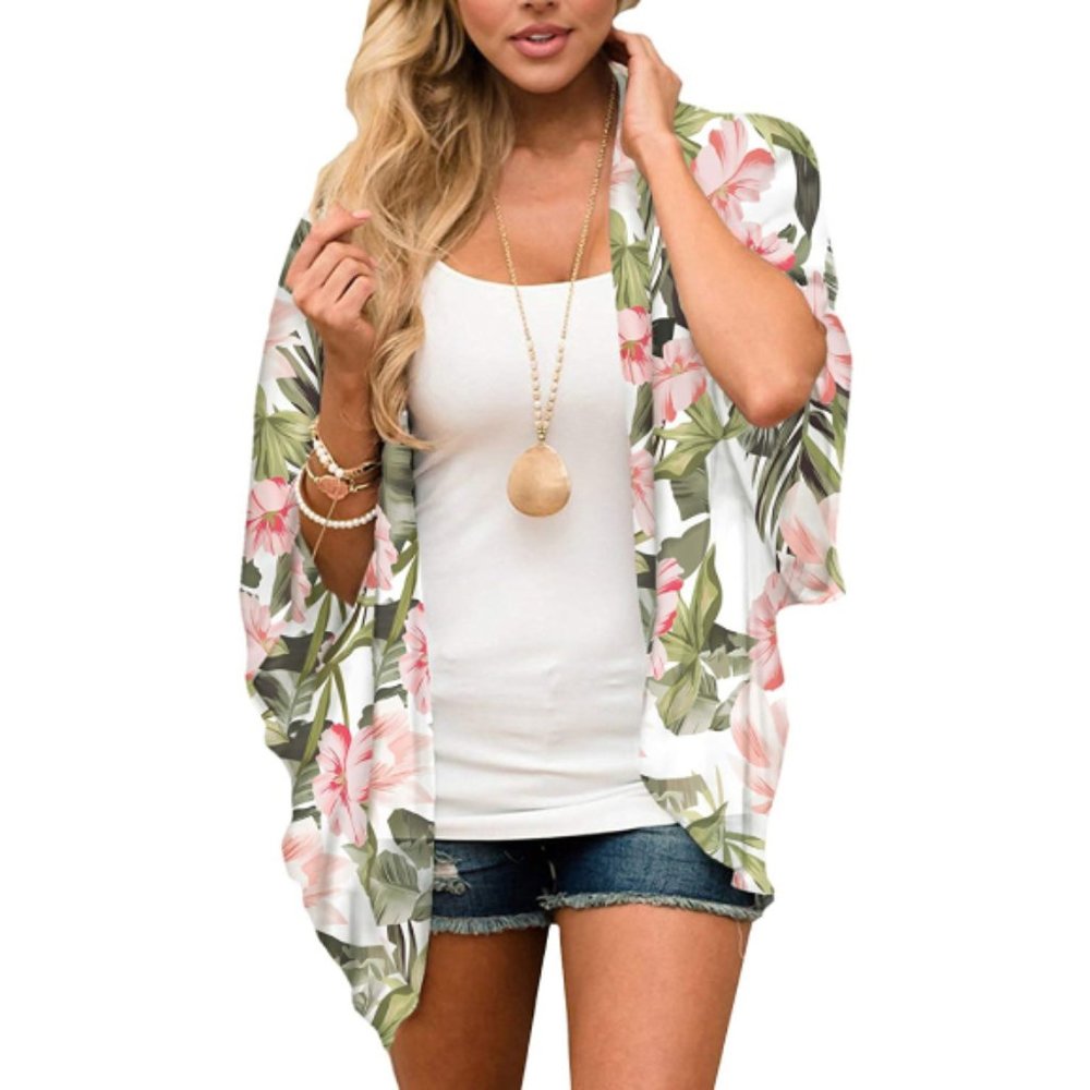 Chiffon Kimono Cardigan Short Sleeve Loose Beach Wear Cover Up Blouse Top